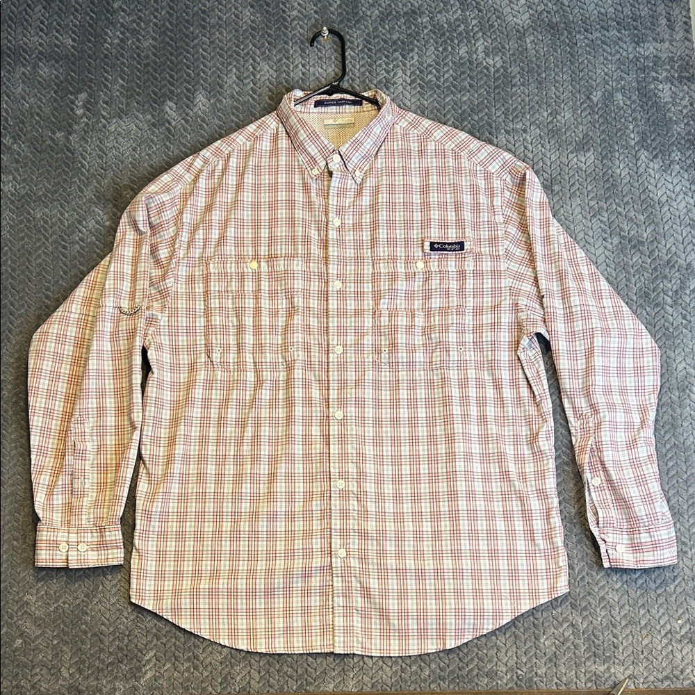 Columbia PFG Men's Super Tamiami Long Sleeve Shirt Size XL Pink & White